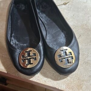 Tory Burch Black Flats with Gold Emblem